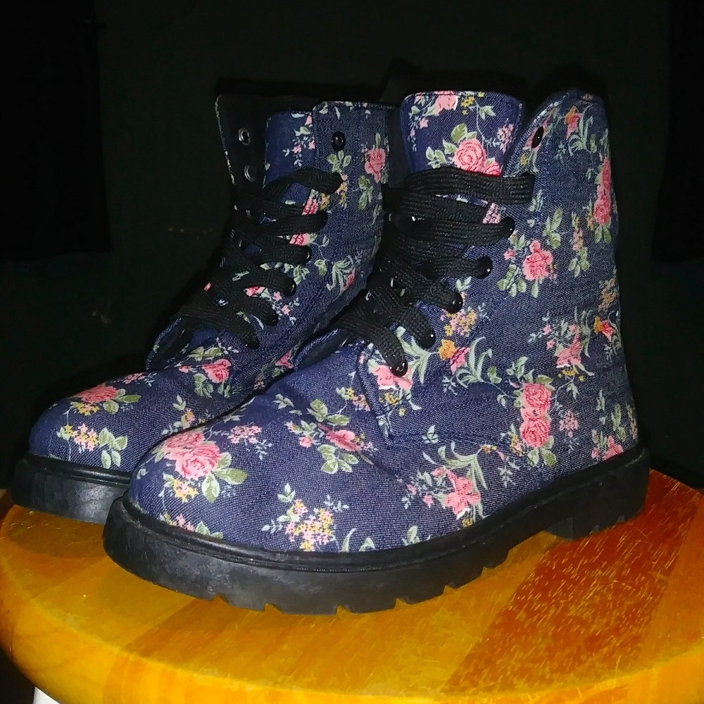 Denim Floral Lace Up Boots